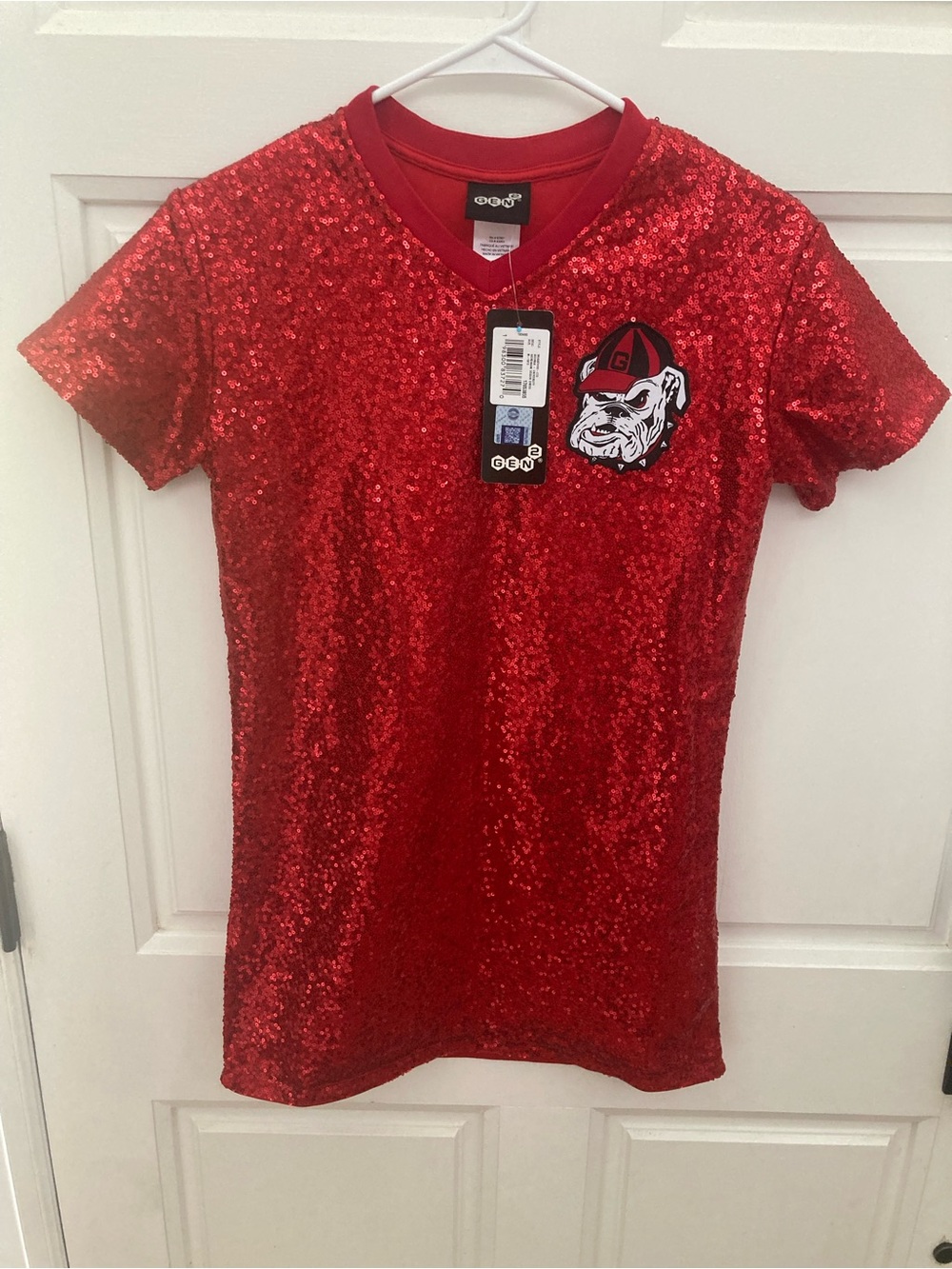 Kids Sequin Red Short Sleeve Dress with Bulldog Patch and Lettering